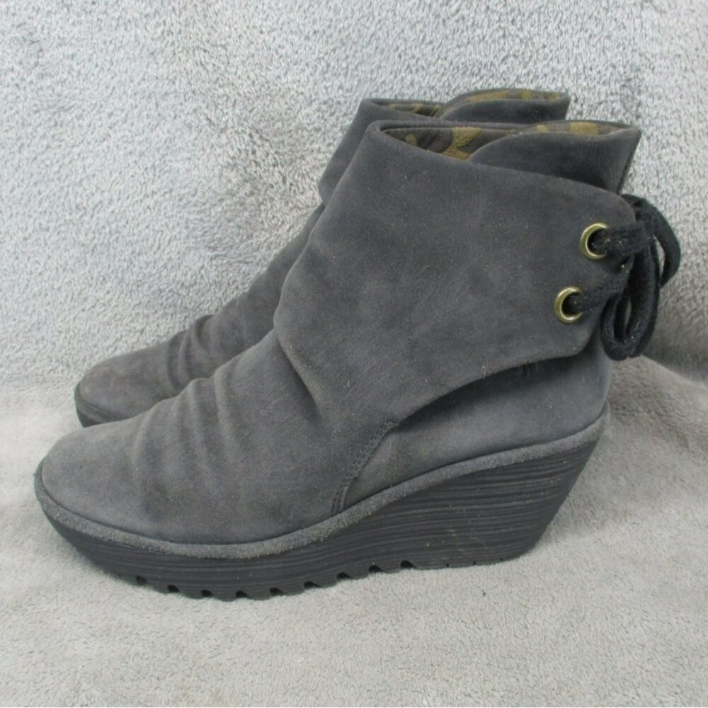 Fly London Shoes Womens Size 8.5 Yama Gray Suede Tie Back Wedge Heel Bootie